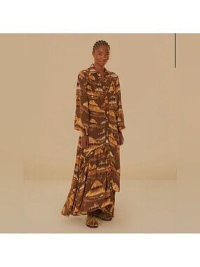 Farm Rio Malocas Beige Long Sleeve Midi Dress